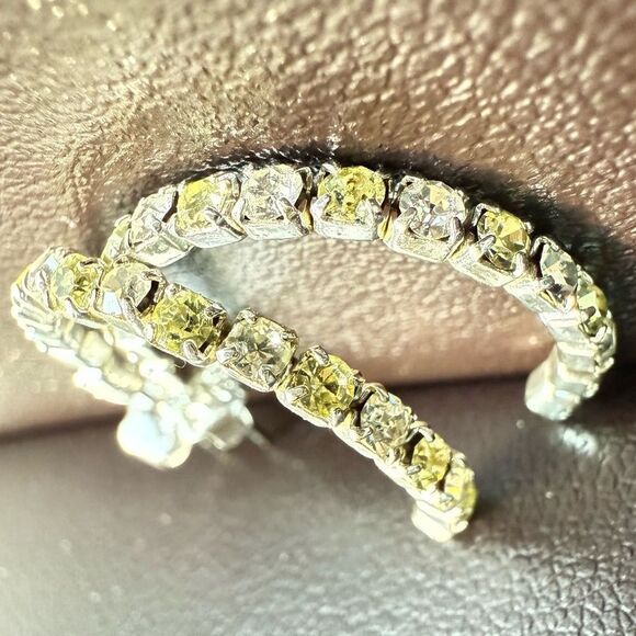 WOMEN’S SILVER HOOP EARRINGS WITH YELLOW & CLEAR CRYSTAL TENNIS SETTING - Picture 9 of 16
